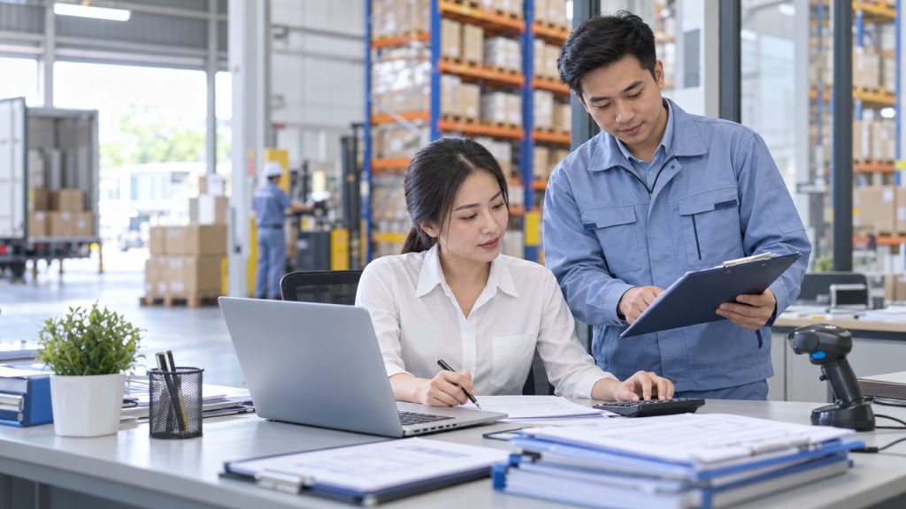 Ảnh minh họa nhân viên kế toán phối hợp quản lý số liệu và hàng hóa trong kho